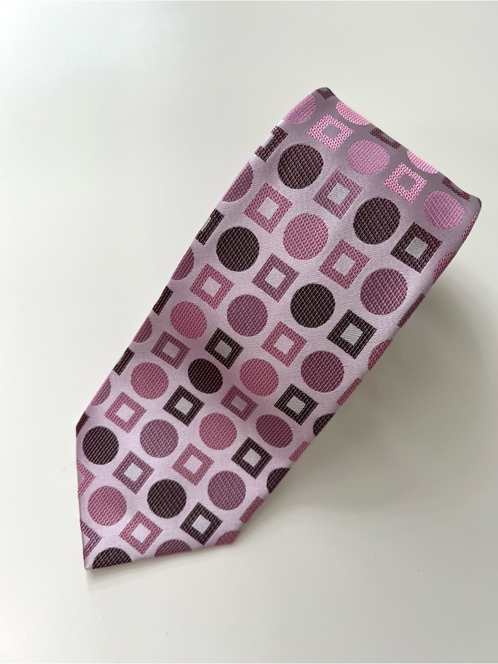 BCBG Attitude Pink Geometric Necktie Purple Brown Squares Circles 100% Silk